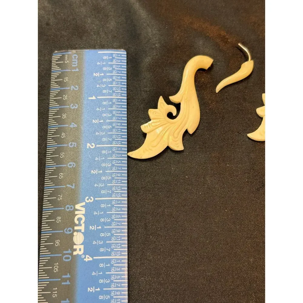 Carved Bone Tribal Scroll Earrings 3.25 in Long 14 g Pair Vintage